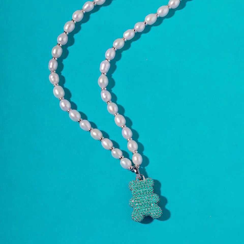 APM Monaco Pearl & Crystal Bear Pendant Necklace